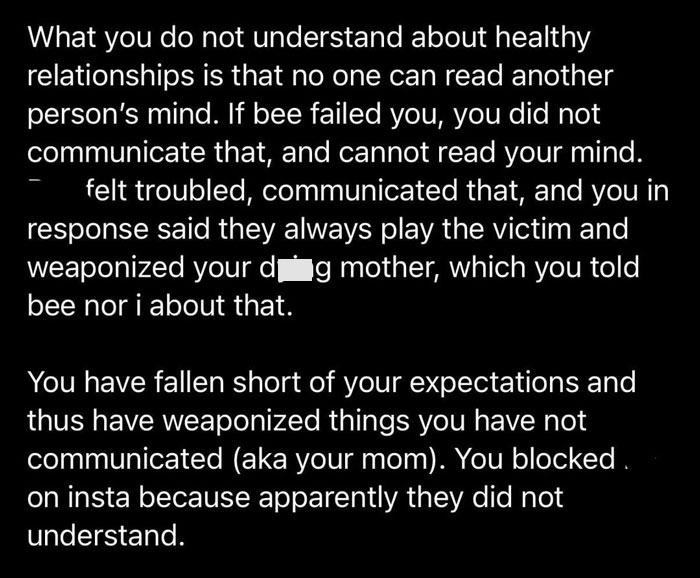 A hurtful message discussing communication issues and a weaponized mother, contributing to a friendship ending. A hurtful message discussing communication issues and a weaponized mother, contributing to a friendship ending.