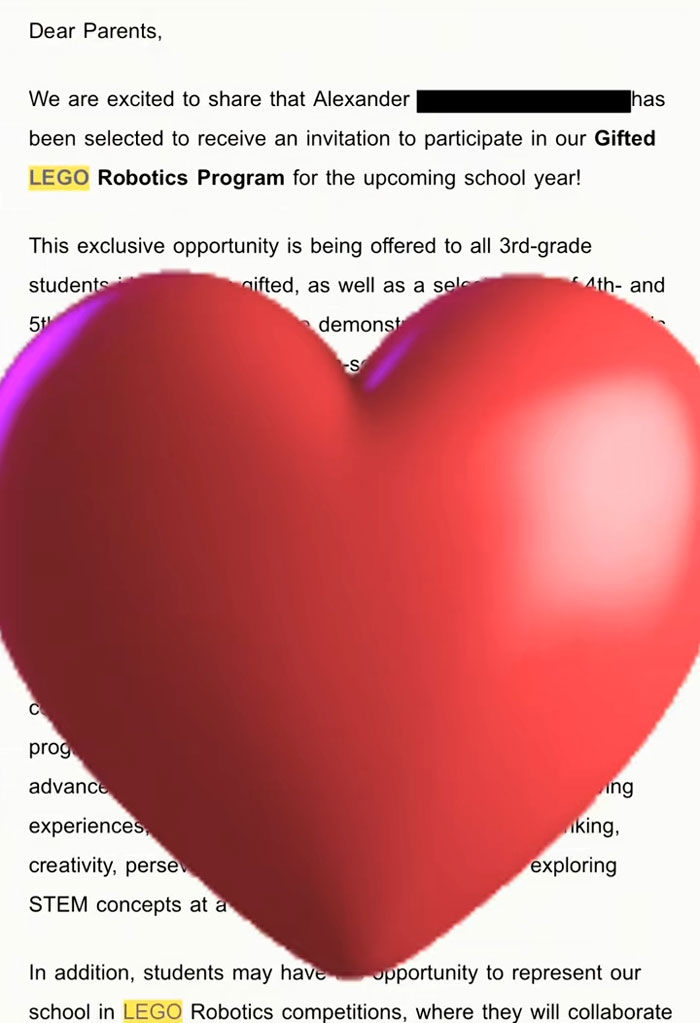 A parent letter announcing a child's selection for a Gifted LEGO Robotics Program, showing kids results. A parent letter announcing a child's selection for a Gifted LEGO Robotics Program, showing kids results.