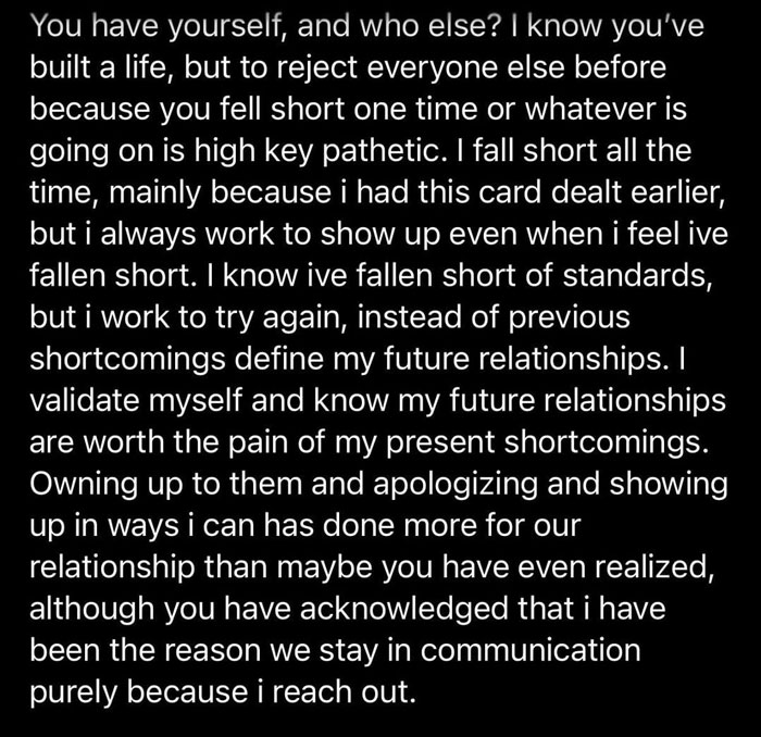 A hurtful message about personal shortcomings and future relationships, showing a friendship ending. A hurtful message about personal shortcomings and future relationships, showing a friendship ending.