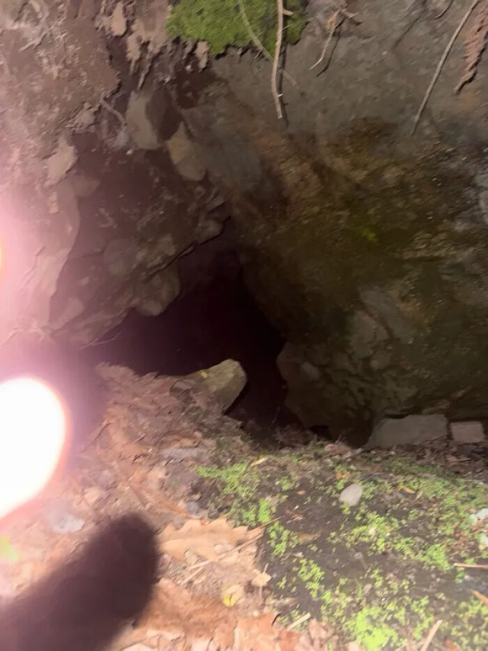 Urban exploration of a dark, rocky cave entrance surrounded by moss and dirt.