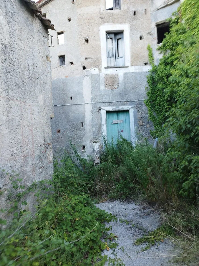 Urban exploration of an overgrown path leading to an old, weathered building with a closed turquoise door.