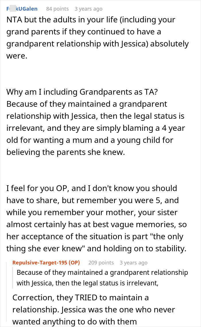 A comment explaining grandparents role in a woman choosing to be adopted by her stepmom, impacting inheritance. A comment explaining grandparents role in a woman choosing to be adopted by her stepmom, impacting inheritance.