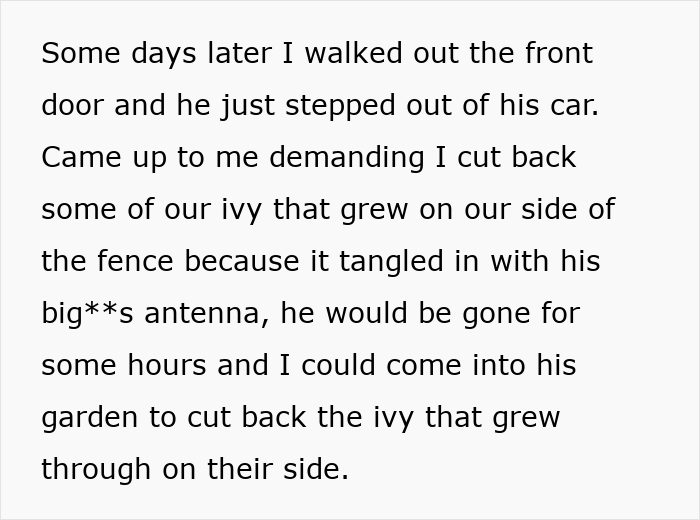 Text about new parents discovering their rude neighbor's illegal antenna, tangled in ivy, providing an opportunity. Text about new parents discovering their rude neighbor's illegal antenna, tangled in ivy, providing an opportunity.