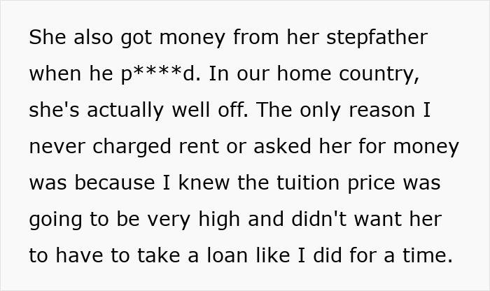 A screenshot of text discussing money from her stepfather and tuition, connecting to the half-sis taunting and infertility.