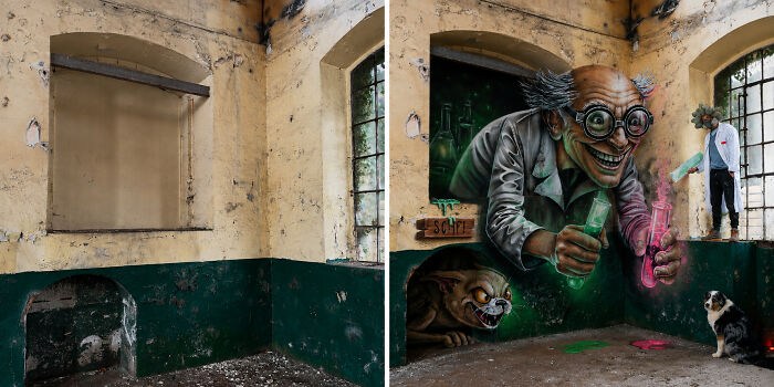 French artist creating mind-bending 3D illusions: A mad scientist and monster on a wall, showing the transformation.