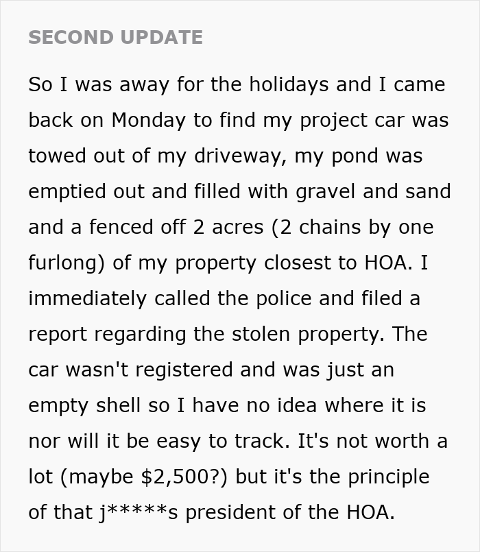 Second update reveals the HOA scheme: a resident's car towed, pond filled, and property fenced off.