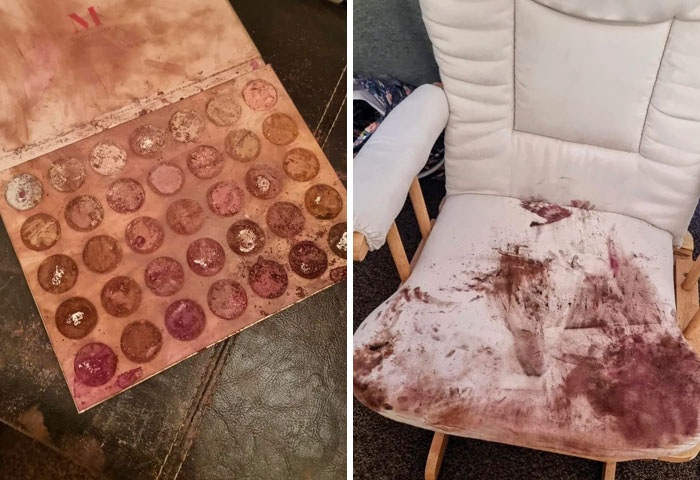 A ruined makeup palette and a stained white chair, demonstrating moments that make parents question their choices.