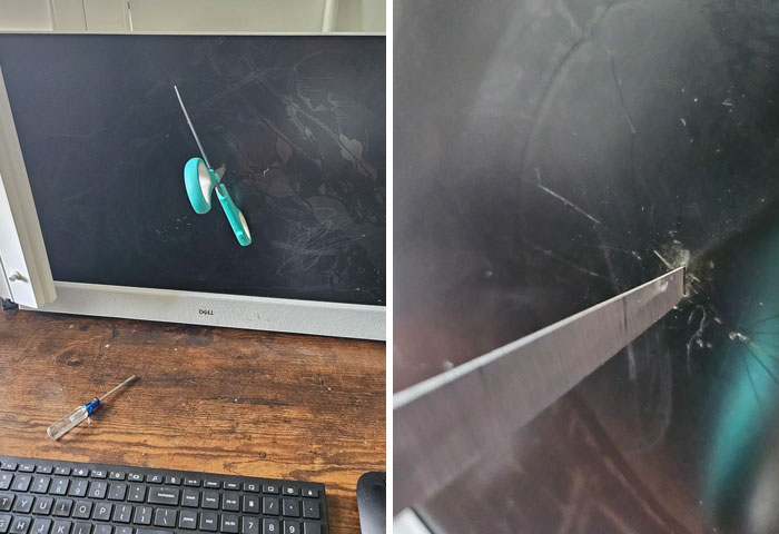 A computer monitor with a knife stuck in the screen, likely caused by a child, illustrating the challenges of being parents.