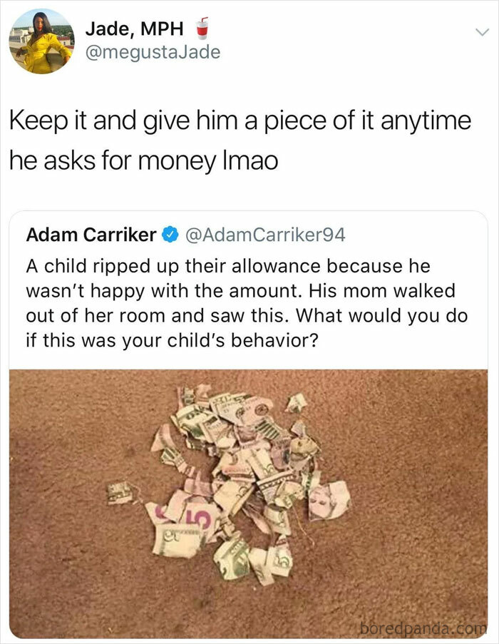 Torn up money on a carpet, an allowance ripped by a child, showcasing the frustrations of being parents.