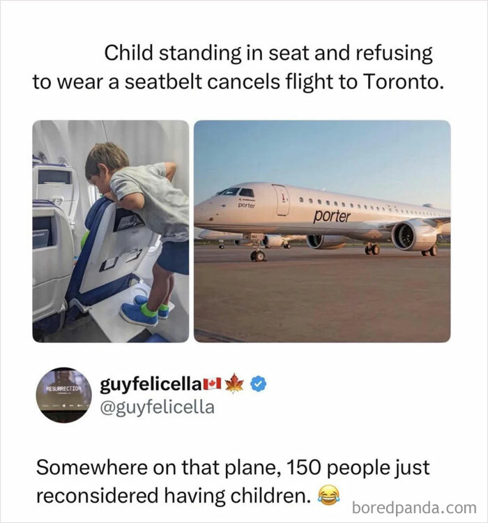 A child standing in a plane seat, leading to a flight cancellation, highlighting the difficulties of being parents.