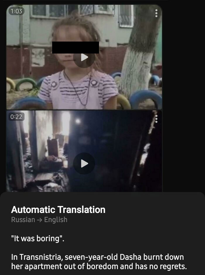A screenshot showing two video thumbnails and an automatic translation where a child burned down an apartment, making parents think: Why Did I Sign Up For This?