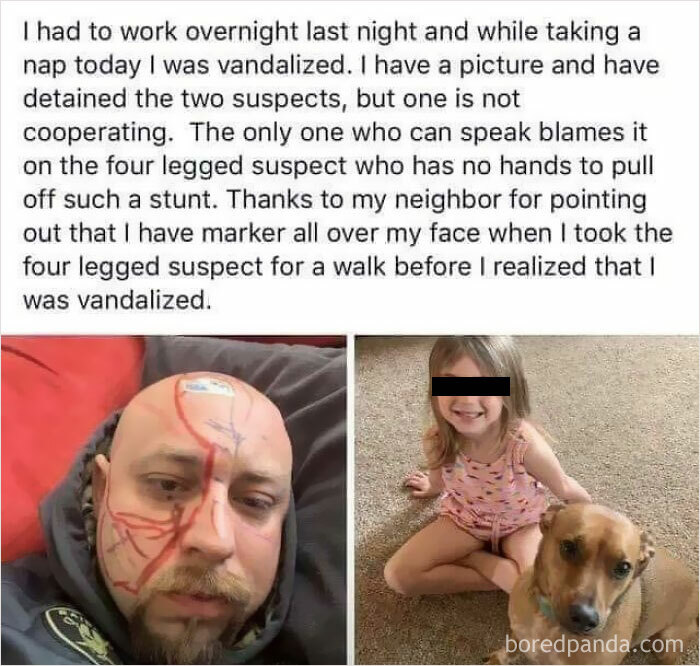 A parent with marker on their face next to their child and dog, showing the funny side of parenting struggles.