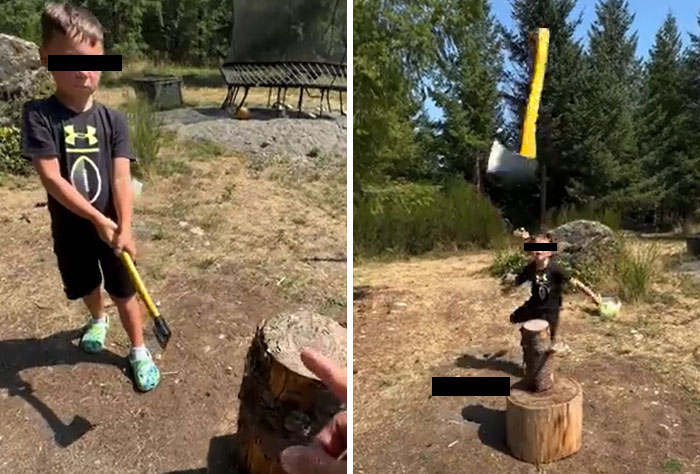 A split image shows a young boy with an axe next to a tree stump, then the axe flying away from him as he stands on the stump, a parent's wild moment.