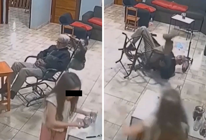 A split image shows a relaxed man in a rocking chair before a girl pushes it over, a parenting moment of unexpected chaos.