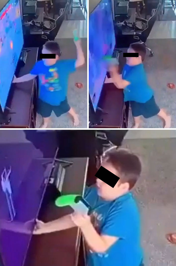 A split image shows a child in a blue shirt repeatedly hitting a TV screen with a toy gun, showcasing parents' challenging experiences.