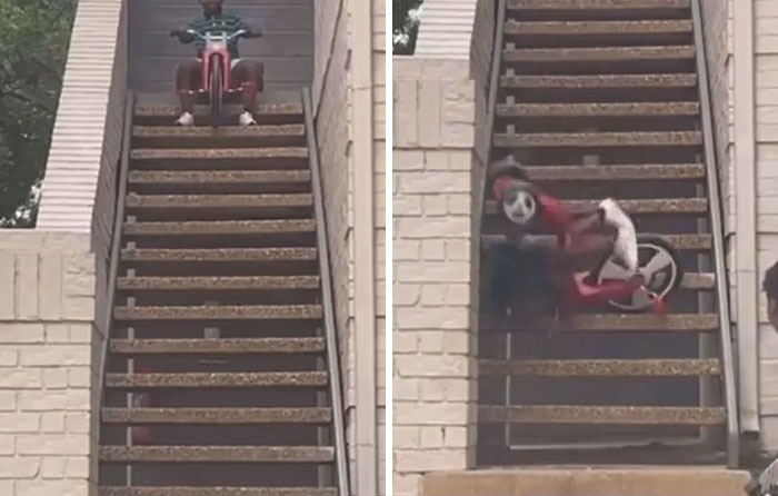 A child riding a tricycle down a flight of stairs, demonstrating the unexpected moments of being parents.