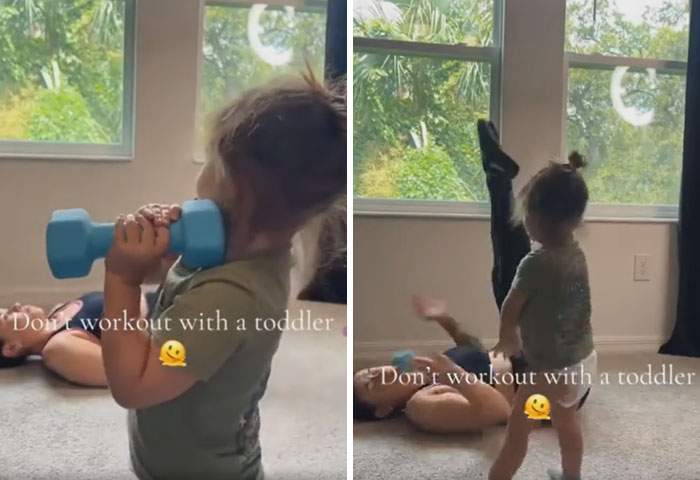 A split image of a parent trying to work out with a toddler disrupting the exercise, showing the challenges of being parents.