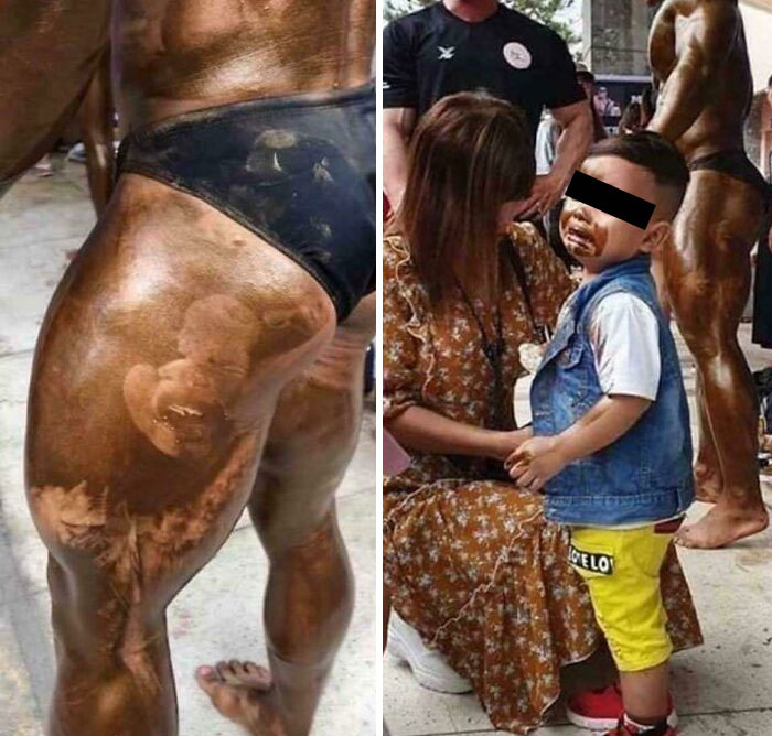 A bodybuilder with a baby footprint on their leg next to a crying child covered in brown goo, leaving parents thinking "Why did I sign up for this?"