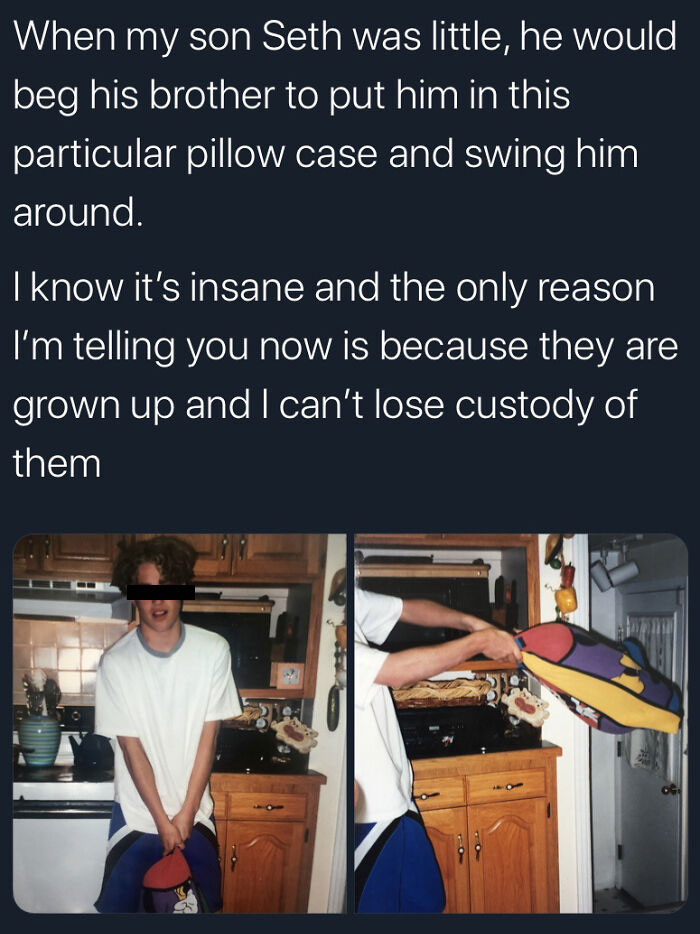 A parent's child being swung around in a pillowcase, a funny moment illustrating the challenges of parenting.