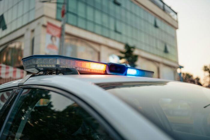 The flashing lights on top of a police car. Represents interesting neighbors and police involvement.