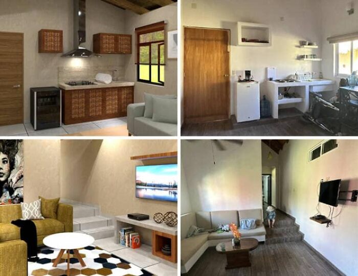 A quad-panel image showcasing a stylish, rendered Airbnb listing kitchen and living room, versus their much simpler and less decorated actual counterparts.