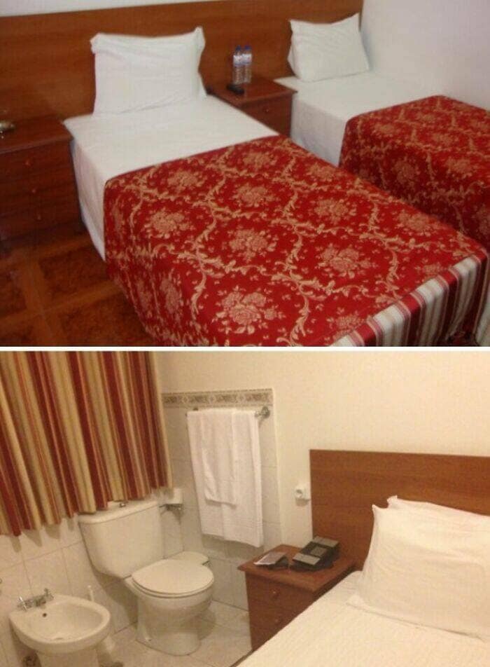 A split image showing an Airbnb listing with two beds vs a reality photo where a toilet is next to a bed.