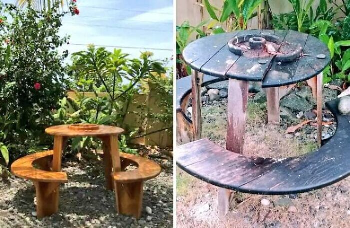 A split image showing an Airbnb listing with a unique outdoor table and chairs vs a reality photo of a dilapidated version.