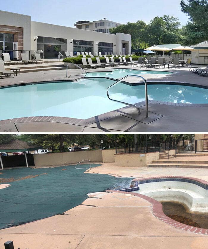 A comparison image showing a vibrant blue Airbnb listing pool surrounded by lounge chairs, contrasting with a dilapidated, empty pool.