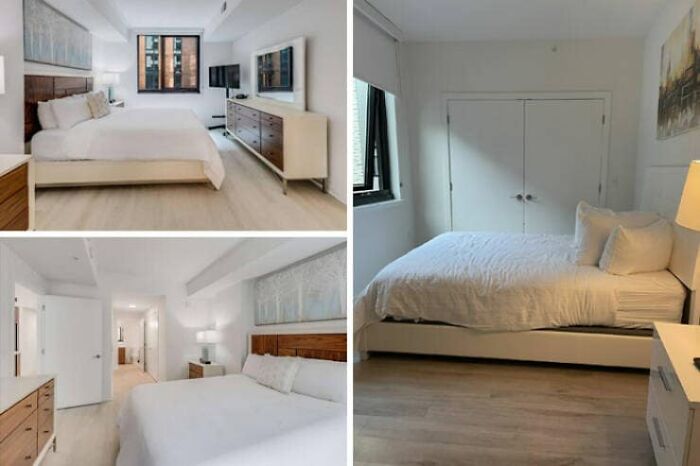 A split image showing a bright, modern Airbnb listing bedroom with white linens and a wooden headboard, before and after.