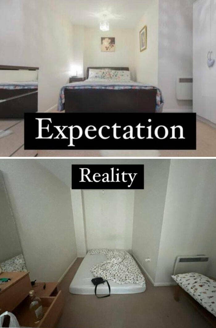 An Airbnb listing showing a cozy bedroom, but the reality is a cramped room with a mattress on the floor.