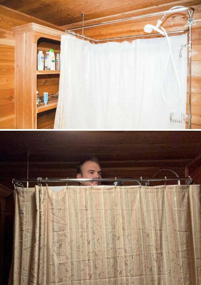 An Airbnb listing presenting a spacious shower, contrasted with the reality of a man barely fitting.