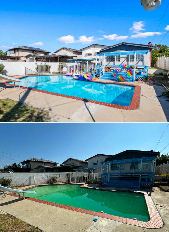 An Airbnb listing showing a vibrant pool vs. the reality of a murky green, uninviting pool.