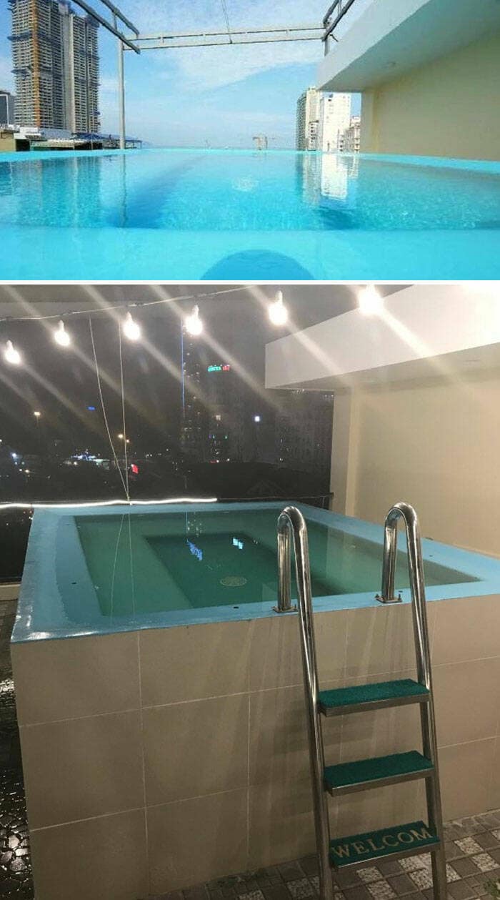 Airbnb listing of an infinity pool versus the reality of a small, dimly lit rooftop hot tub.
