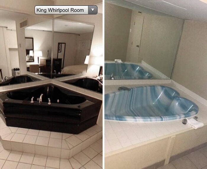 A split image of an Airbnb listing bathroom, showcasing a luxurious black whirlpool tub surrounded by mirrors versus a simpler, blue heart-shaped tub.