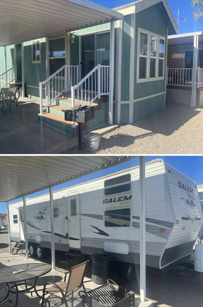 A split image comparing an Airbnb listing of a charming small house with a covered patio to the reality of a large trailer or RV in a similar setting.