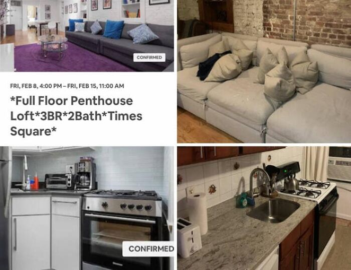 A split image of an Airbnb listing living area and kitchen, highlighting a spacious, modern couch and clean kitchen contrasted with a cluttered, older reality.