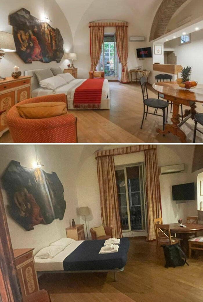 A split image of an Airbnb listing bedroom, showing a beautifully staged room with a large bed and decor compared to a plainer, less inviting reality.