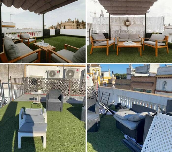 A split image showing an Airbnb listing rooftop patio with lush green turf and comfortable outdoor furniture, contrasted with a less appealing reality.