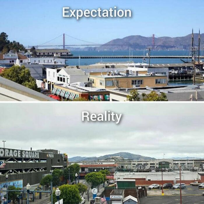 Expectation vs. Reality of an Airbnb listing, showing a Golden Gate Bridge view contrasted with a parking lot.