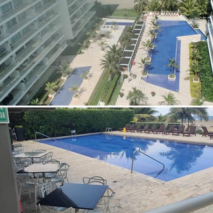 A top-down view of a spacious Airbnb resort pool area compared to a closer, less grand view of another Airbnb pool, revealing trust discrepancies.