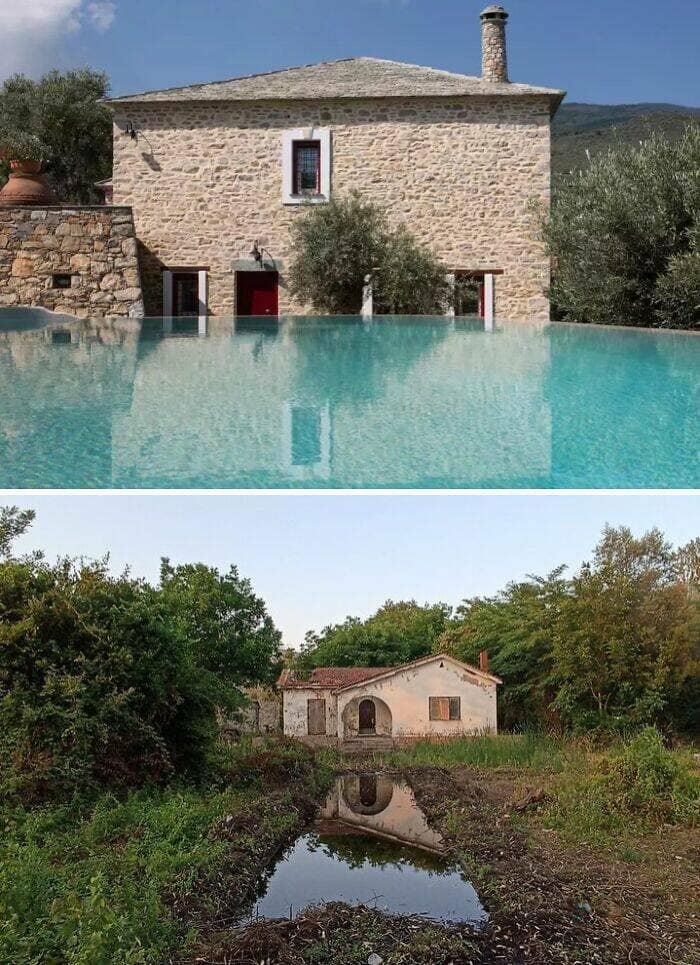 A split image showing an inviting Airbnb pool above and a dilapidated house with a dirty puddle below, highlighting trust issues.