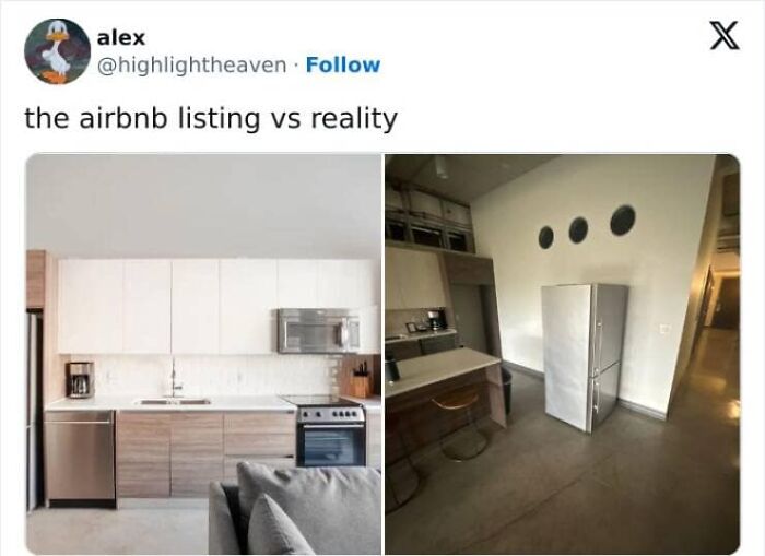 Screenshot of an Airbnb listing versus reality for a kitchen and living space, showing discrepancies and reasons not to trust an Airbnb listing.
