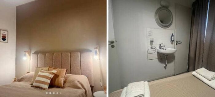 Collage showing an Airbnb listing bedroom with a bed and a room with a sink by the door, highlighting issues of trusting an Airbnb listing.