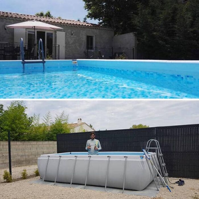 Comparison of an advertised Airbnb listing with a large in-ground pool and the reality of a small, above-ground pool, demonstrating issues trusting an Airbnb listing.