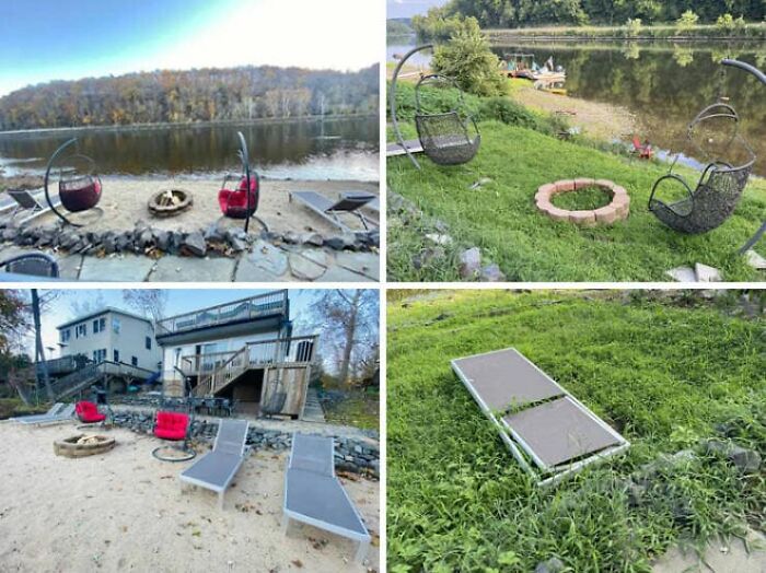 Collage of an Airbnb listing with a sandy riverfront, outdoor seating, a house with a deck, and a broken lounge chair, showing issues trusting an Airbnb listing.