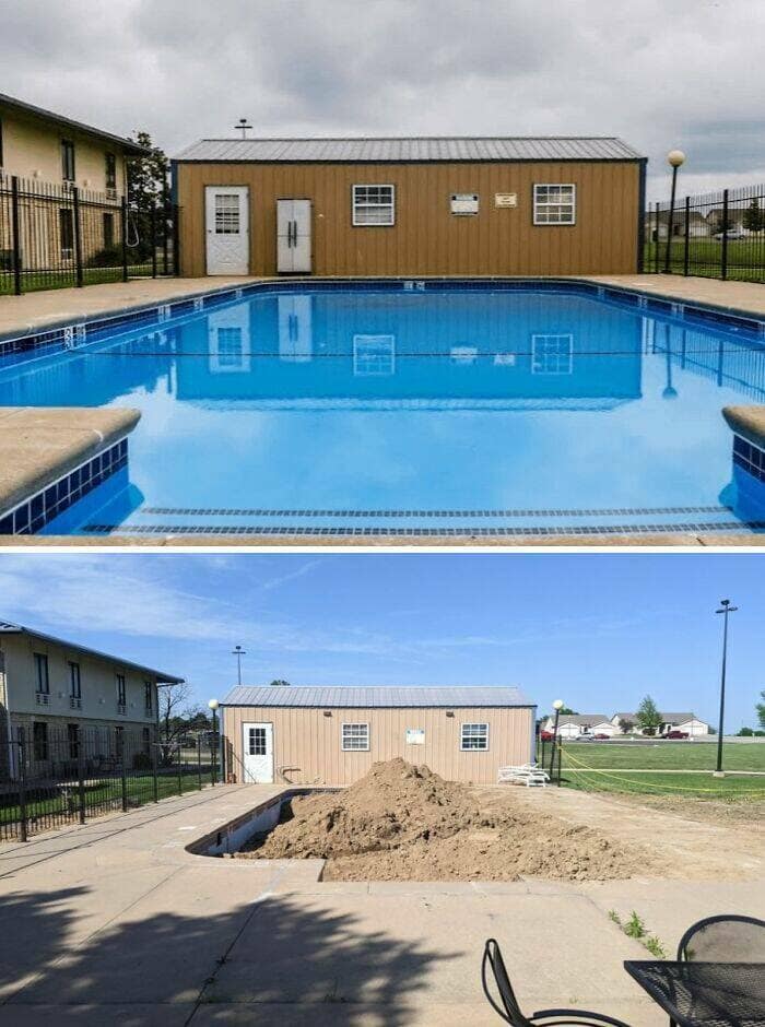 An Airbnb listing showing a large pool with a building, contrasted with a dug-up pool and dirt mound.