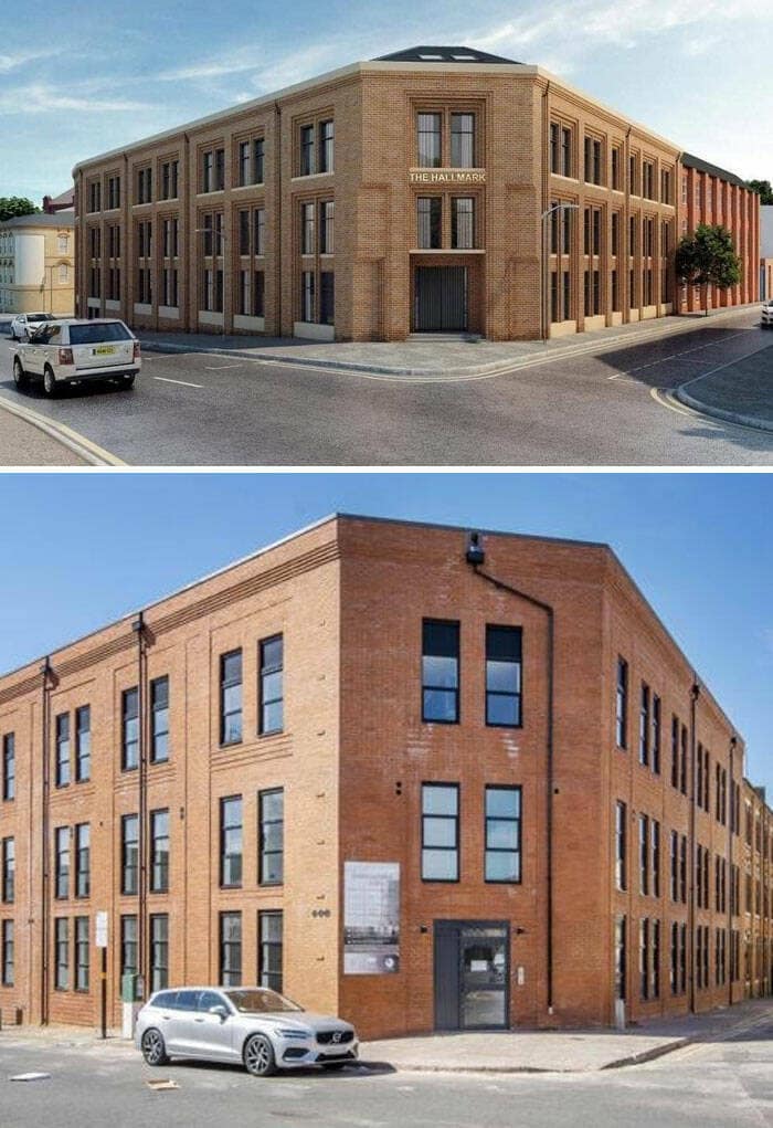 Two images of an Airbnb listing show a building. The top is a polished rendering with text The Hallmark, while the bottom is a real photo of the same brick building, showing Airbnb listing misrepresentation.
