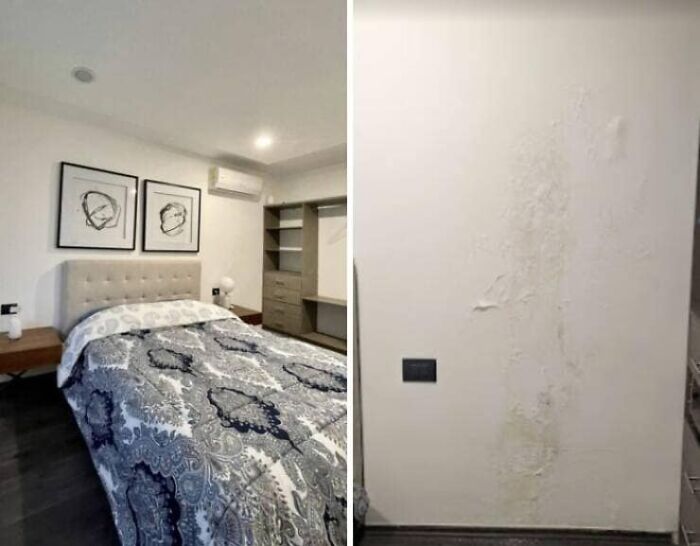 A split image for an Airbnb listing shows a tidy bedroom on the left and a wall with severe water damage on the right, highlighting the misleading nature of some Airbnb listing photos.