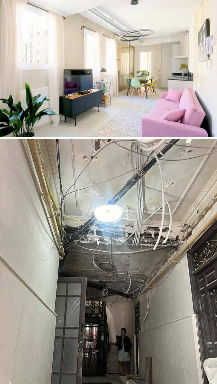 A split image reveals an Airbnb listing's interior: the top half shows a modern, bright living room, while the bottom depicts a dimly lit hallway with exposed wires, illustrating Airbnb listing inaccuracy.