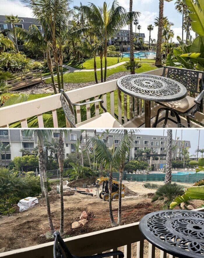 Two images show an Airbnb listing before and after construction. The top image shows a lush garden with a pool, while the bottom reveals a construction site, demonstrating Airbnb listing deception.